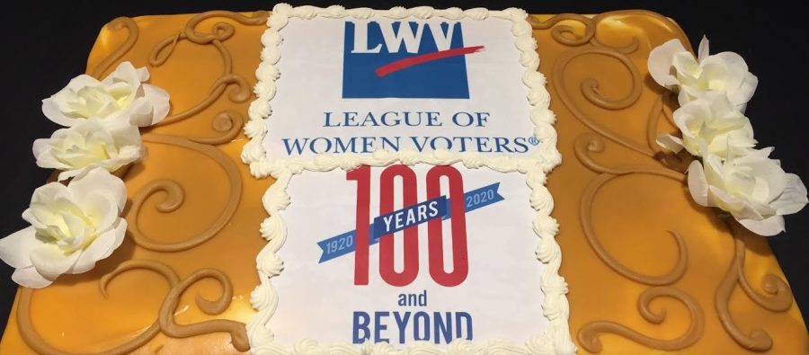 This gold cake from their 100th anniversary celebration represents the Gold Ballroom of the Congress Hotel in which the League of Women Voters was founded in 1920.
