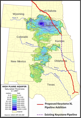 Map showing the Ogallala Aquifer and the planned pipeline.