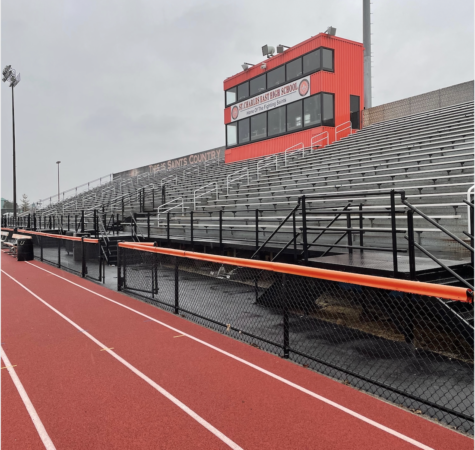 The East stands have been empty of fans for over a year. With new IHSA regulations, they will once again seat spectators. Photo by Katie Kempff. 