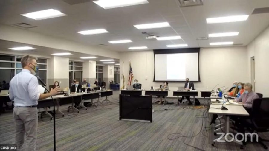 East teacher Bill Stepien speaks at the November 8 Board of Education meeting, which was livestreamed to YouTube. Screenshot of D303 video by Katie Kempff. 