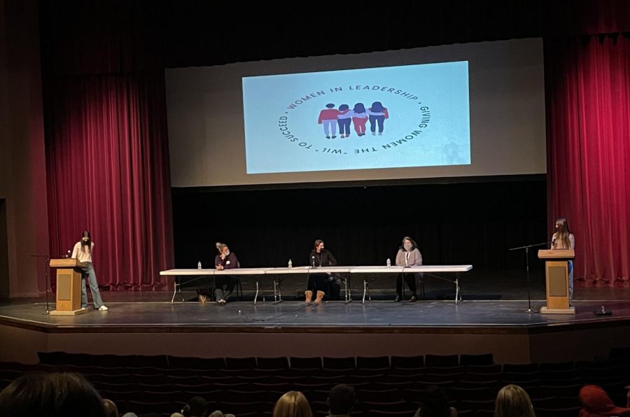 The January 6 Women in Leadership panel discussion. From  left to right: Elyse Jens, Leah Jenski, Kate Henessy, Lauren Lollini, and Natalie Gibbard. The event occured in the Norris Cultural Arts Center. 