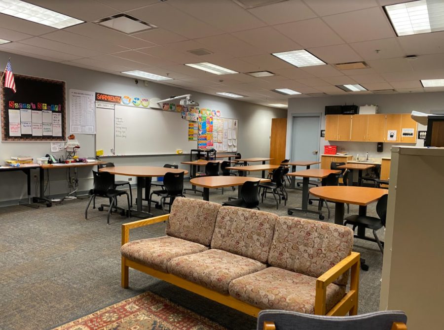 This classroom, now a specialized reading classroom, was once the Teacher Workroom. It is in the B200s area and has access to the LRC. 