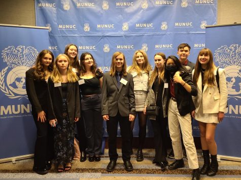 Students gathered for a photo on the first day of conference after listening to an opening ceremony welcoming them to Model UN. From left to right: Annie Gibson, Erin Golden, Madeline Schutte, Delia Connelly, Cian McKenna, Lillian Dirickson, Valerie Barrett, Yzabelle de Luna, Teige Donehoo and Avery Nelson. Photo courtesy of Tracie Truax.