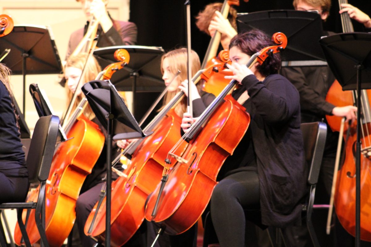 A close-up of the cello section of Symphonic Orchestra. Photo by Lauren Voigt.