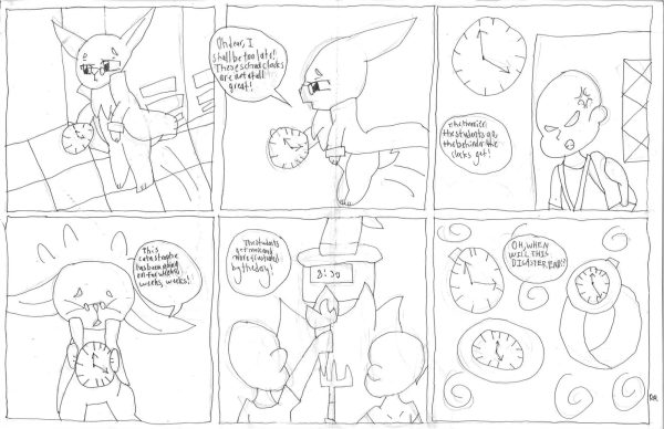 Comic A Terrible Time is about the time the school clocks were messed up and how annoyed students were at them. 