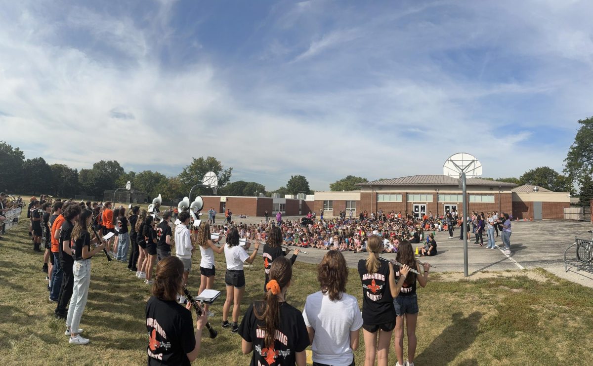 The STCE marching band performs for students at Munhall Elementary School. Photo by Brett Dean.