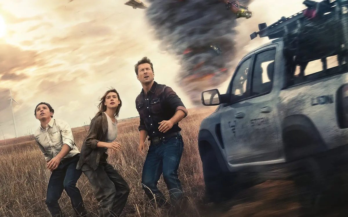 Anthony Ramos, Daisy Edgar-Jones and Glen Powell in the set of “Twisters,” surrounded by dangerous tornadoes. Photo courtesy of Free Melasia Today.