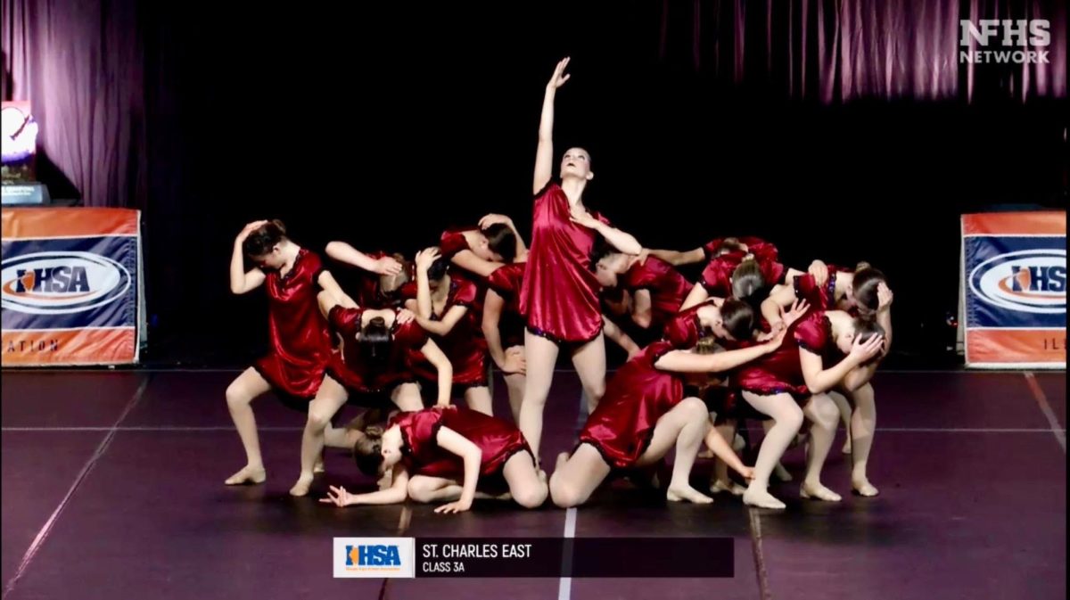 Saints Dance team performing in the preliminaries at the IHSA State Championship (Photo Courtesy of @stceathletics on X) 