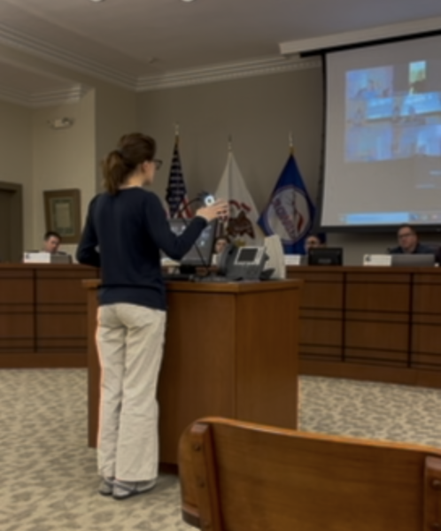 Senior Charlotte Schumaier speaks at city hall on March 24 amidst the IMEA controversy. Photo courtesy of Charlotte Schumaier.