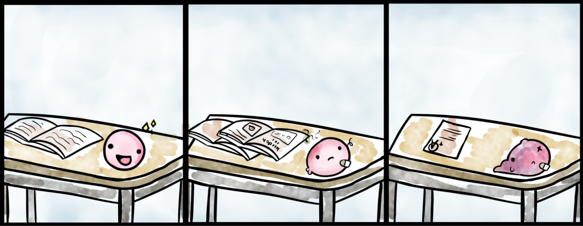 NeeDoh sits alongside a students desk, getting worn down over time. Comic by
Jordan Flores.